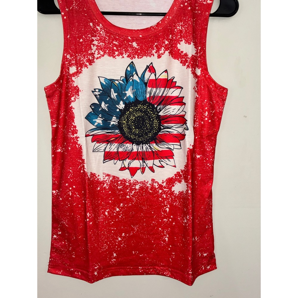 Flag Sunflower Tank Top Women Large Red Patriotic Bleach Splatter Graphic